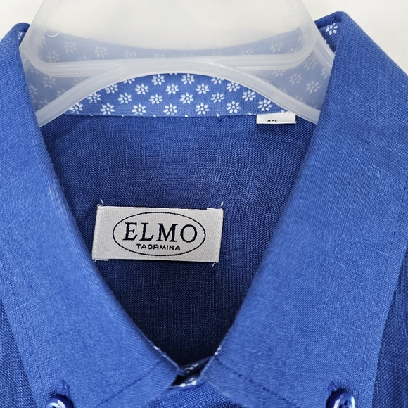 ELMO Taormina Italy Men's Linen Blue Long Sleeve Button Up Shirt Size 43 - Picture 5 of 15